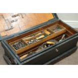 Victorian painted pine tool chest with various vintage tools, W85cm, H36cm,