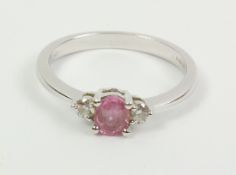 Pink tourmaline and diamond three stone white gold ring hallmarked 18ct Condition Report