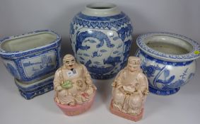 Large Chinese ginger jar, two planters,