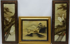 Japanese Cranes in Trees, pair Oriental watercolours 47cm x 14cm and Oriental Landscape Scene,