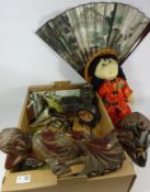 White metal mirror stamped 900, carved stone seal, coloured glass vase and box, Rice Paddy doll,