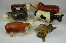 Five pottery Bull models and a sculpture of cats (6) Condition Report <a