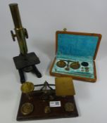 Set of brass postal scales, set of portable scales and an E.