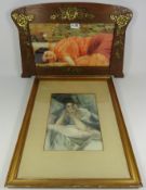 Art Nouveau oak picture fame with brass detail and a 19th/ early 20th Century colour print (2)