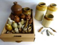 Govancroft Pottery 1 Gallon & 5 Quarts stoneware jars, a collection of similar jars and bottles,