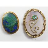 Chalcedony 'forget me not' brooch and a chrysocolla malachite brooch both yellow metal mounted