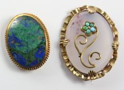 Chalcedony 'forget me not' brooch and a chrysocolla malachite brooch both yellow metal mounted