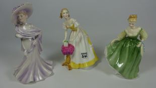 Royal Doulton figurines 'Happy Birthday' and 'Fair Lady' and a Coalport figurine 'The Ascot Lady'