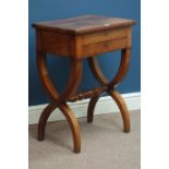 Early 19th century mahogany hinged top work table, single drawer, on curved x-shaped base,