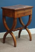 Early 19th century mahogany hinged top work table, single drawer, on curved x-shaped base,