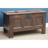 18th century and later panelled oak coffer, carved front, W107cm, H58cm,