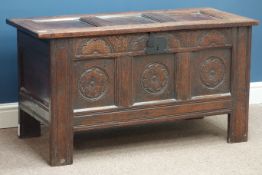 18th century and later panelled oak coffer, carved front, W107cm, H58cm,