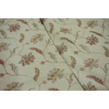 Pair lined curtains, pale gold with raised trailing floral pattern, with rail, W228cm,