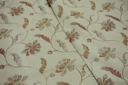 Pair lined curtains, pale gold with raised trailing floral pattern, with rail, W228cm,