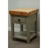 Pine butchers block, painted base with undertier and single drawer, W63cm, H89cm,