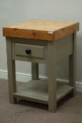 Pine butchers block, painted base with undertier and single drawer, W63cm, H89cm,