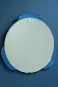 Art Deco style circular frameless mirror with blue tinted glass,