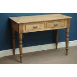 Waxed pine two drawer side table, W108cm, H75cm,