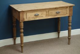 Waxed pine two drawer side table, W108cm, H75cm,