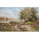 Girls Foraging Along a Footpath, 19th century watercolour indistinctly signed and dated 1884,