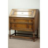 20th century oak fall front bureau, fitted interior, two drawers, W92cm, H103cm,