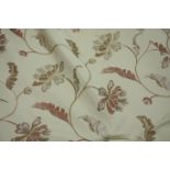 Pair lined curtains, pale gold with raised trailing floral pattern, with rail, W167cm,
