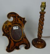 Dutch type marquetry photo frame and a turned wood hard wood lamp base (2) (This item is PAT tested