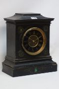 Victorian black slate mantel clock, black and brass dial, with green enamel,