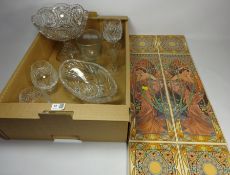 Set of ten Art Nouveau style tiles, large glass pedestal bowl,