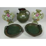 Studio pottery jug and a pair of matching dishes,