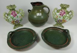 Studio pottery jug and a pair of matching dishes,