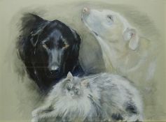 Portrait of Labradors and Cat, mixed media on paper signed and dated D Bentley 2010,