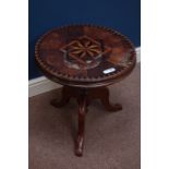 19th century inlaid walnut circular occasional table, raised on mahogany tripod base, D48cm,