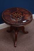 19th century inlaid walnut circular occasional table, raised on mahogany tripod base, D48cm,