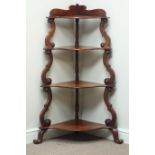 19th century mahogany four tier corner etarge whatnot, serpentine front, W79cm,