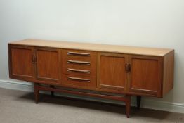G-Plan teak sideboard, double cupboards, four centre drawers, W214cm, H80cm,