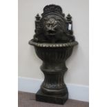 Victorian style bronze finish cast iron demi-lune lion mask wall fountain, W36cm,