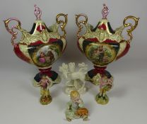 Pair of Vienna type urn shaped vases, glazed white deer model,