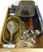 Hallmarked silver dressing table mirror, cutlery set, Vintage kitchen scales and weights,