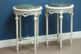 Pair ornate French style painted lamp tables with inset marble tops, D48cm,