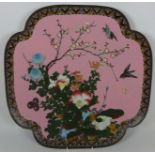 Early to mid 20th Century large Cloisonné quatrefoil charger on pink ground,