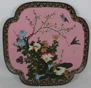 Early to mid 20th Century large Cloisonné quatrefoil charger on pink ground,