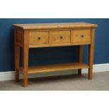 Light oak three drawer console table, W109cm, H78cm,
