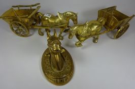 Two brass horse and cart and a heavy brass wall mount Condition Report <a