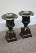 Pair small Victorian style Campana bronze finish cast iron urns on plinths, D29cm,