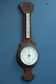 Early 20th century oak aneroid wheel barometer with thermometer H84cm & a similar Skule Art Deco