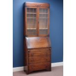 Early 20th century oak fall front bureau bookcase, two lead glazed doors, three drawers, W77cm,