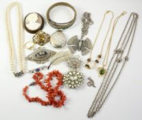 Box of jewellery including Cambodian elephant hair bangles, coral necklace, cameo, citrine brooch,