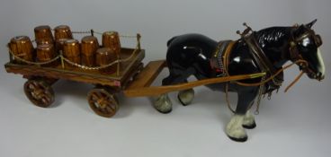 Large shire horse with wooden and metal cart and labelled brewery barrels Condition