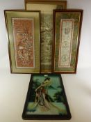 Chinese reverse painting on glass and three Chinese embroidered silk panel Condition